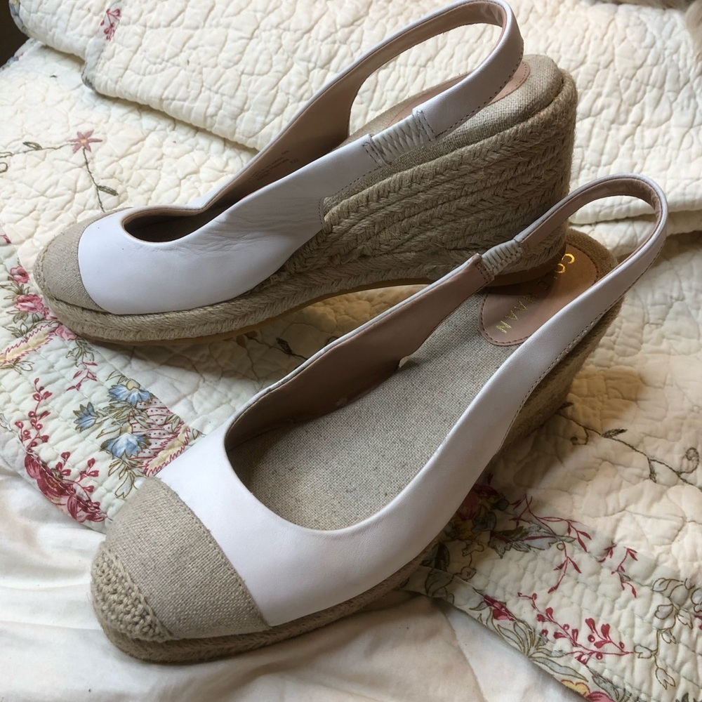 Cole Haan White and Natural Espadrille Wedge Slingback Pumps
